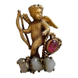De Nicola Gold Tone Cupid W Bow Arrow Pin Brooch Vintage Pink Tourmaline Jewelry